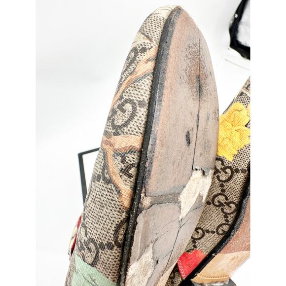 Gucci Princetown Gold Horsebit Tian GG Monogram Bird Print Canvas Mules Size 37 - Picture 5 of 6